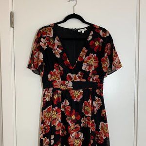 Madewell Women's Black Tulip Sleeve Red Pink Floral Faux Wrap Mini Dress, Size 8
